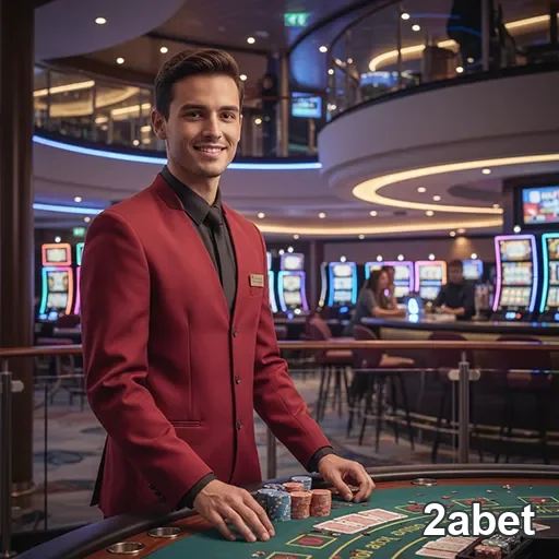 Atendente sorridente no cassino 2abet com mesas de jogo.