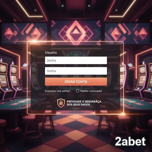 Tela de login no cassino online 2abet com slots ao fundo.