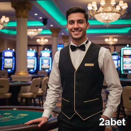 Atendente sorridente em cassino do 2abet interagindo com jogadores.