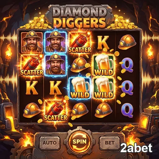 Tela do jogo Diamond Diggers na 2abet, com símbolos e jackpots.