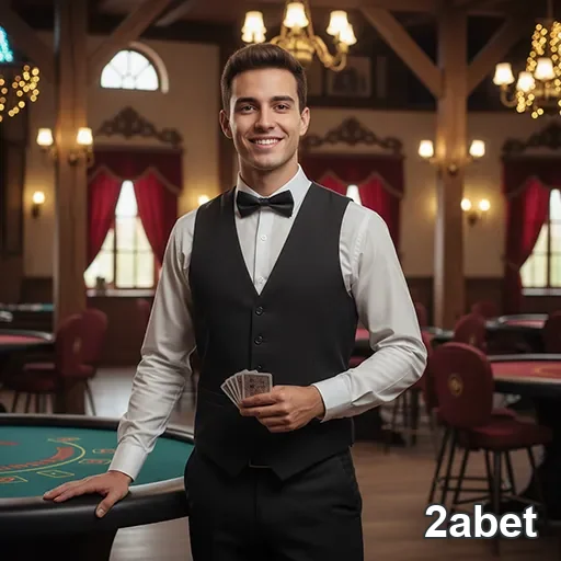 Croupier sorridente em um cassino do 2abet com cartas na mão.